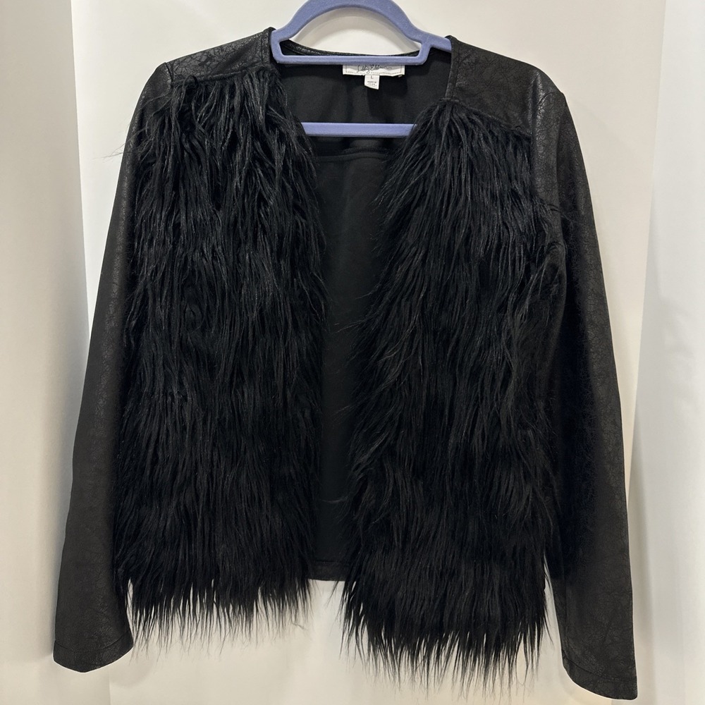 Libby Edelman Black Faux Fur Jacket Open Front Mob Wife Glam Night Out Large